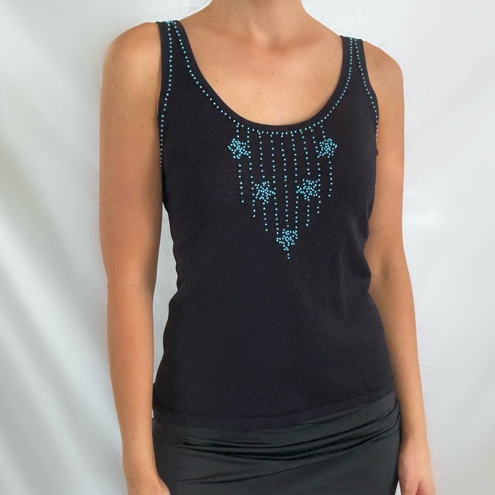 Vintage black turquoise beaded tank top blouse women’s medium Y2K